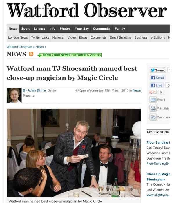 article about tj shoesmith award winning magician in the watford observer